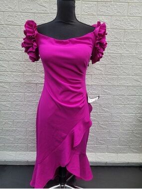 Xscape Off The Shoulder Scuba Midi Dress Fuchsia Ruffle Hem Cocktail Dress